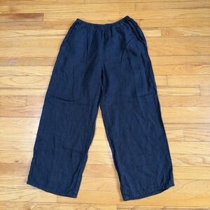 Flax Pull On Wide Leg Pants Black 100% Linen S Lagenlook Minimalist Flood Length